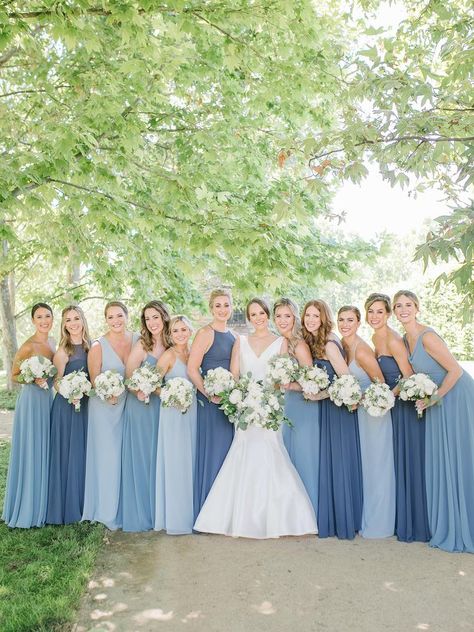 Bridesmaid Dresses In Different Shades Of Blue, Carolina Blue Wedding Colors, Blue Christmas Wedding Ideas, November Bridesmaids, Mismatch Blue Bridesmaid Dress, Different Blue Bridesmaid Dresses, Blue Color Wedding Theme, Different Shades Of Blue Bridesmaids, Blue Wedding Bridesmaid Dress