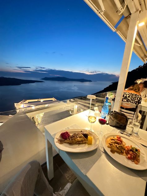 Santorini Greece Restaurants, Greece Restaurant, Santorini Greece Aesthetic, Santorini Food, Santorini Restaurants, Grecia Santorini, Fira Santorini, Greece Food, Greece Aesthetic