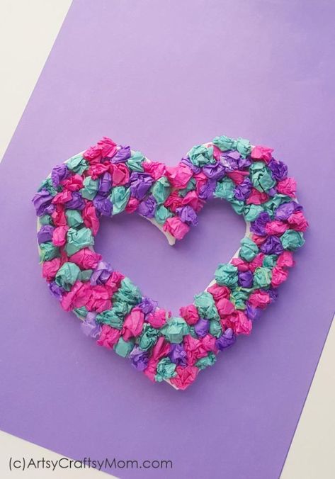 crepe paper heart wreath craft Crepe Paper Crafts For Kids, Tissue Paper Art For Kids, Paper Valentine Crafts, Paper Art For Kids, Paper Heart Wreath, Flower Paper Craft, Valentine Paper Crafts, Heart Art Projects, Crepe Paper Crafts