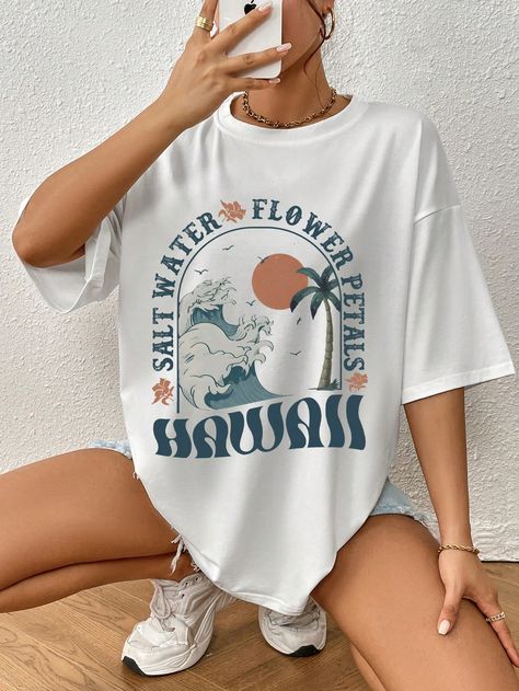 White Casual Collar Half Sleeve Fabric Letter,Tropical  Embellished Medium Stretch Summer Women Clothing Summer Slogans, Wave Graphic, White Shirt Outfits, Sea Wave, Drop Shoulder Tee, Sea Waves, Women T Shirts, White Casual, Versatile Style