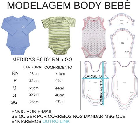 VOCÊ RECEBERÁ: MODELAGEM BODY BEBÊ/ INFANTIL RN, P, M, G, GG -Body envelope Regata -Body envelope Manga Curta -Body envelope Manga Longa MANDA CURTA. MANGA LONGA E MODELO REGATA Pode variar 1cm para mais ou para menos. As medidas são tamanhos reais. Modelagem em graduação OBSERVAÇÃO... Fern Pillow, Baby Staff, Baby Clothes Patterns Sewing, Crochet Baby Dress Pattern, Fashion Design Patterns, Hand Embroidery Patterns Flowers, Baby Dress Patterns, Baby Clothes Patterns, Baby Sewing Patterns