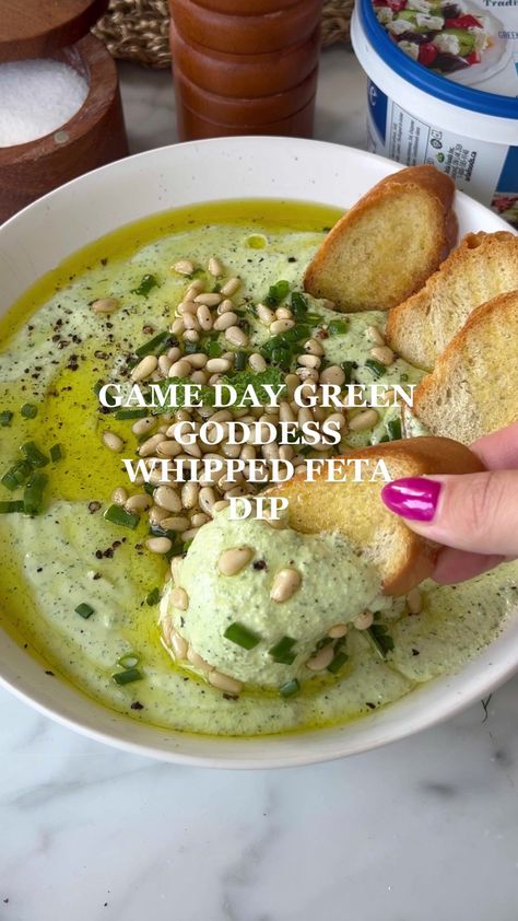 game day green goddess whipped feta dip! go birds 🦅 @Philadelphia Eag... | TikTok Green Finger Foods, Goddess Dinner Party, Green Appetizer, Green Themed Food, Green Dip, Green Beans Whipped Feta, Whipped Feta Dip With Honey And Pistachios, Green Appetizers, Vegan Whipped Feta Dip