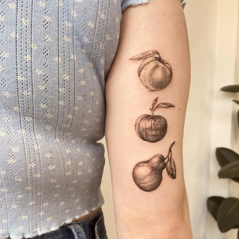 Bailey’s Instagram post: “Peach, Plum, Pear - Joanna Newsom Thank You Abby! . . . . . . . . #torontotattooartist #torontotattoo #blacktattoo #finelinetattoo…” Peach Tattoo, Tattoo Toronto, Joanna Newsom, Fruit Tattoo, I Am Blue, Realism Tattoo, Fine Line Tattoos, Hair Routines, Cat Tattoo