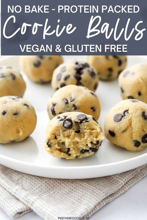 These extremely quick and easy protein balls taste just like cookie dough and they are vegan and gluten free! Gluten Free Edible Cookie Dough, Easy Protein Balls, Protein Cookie Dough Bites, Edible Cookie Dough Bites, Protein Cookie Dough, Healthy Cookie Dough, Protein Cookie, Healthy Cookie, Vegan Cookie Dough