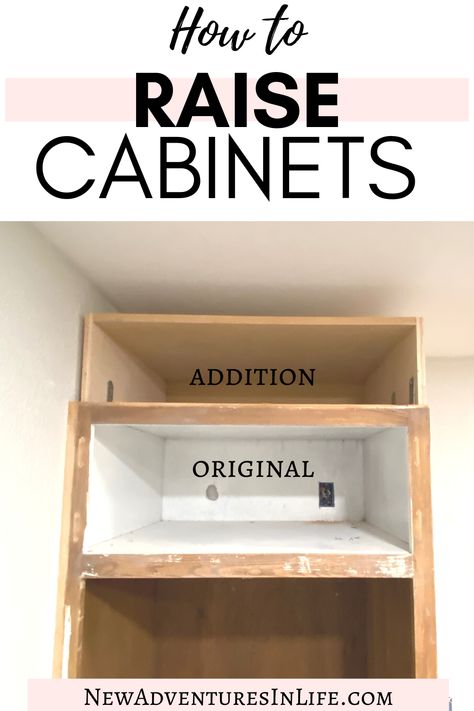 shelf built on top of old cabinet Raise Kitchen Cabinets To Ceiling, Raise Cabinets To Ceiling, Kitchen Cabinets That Don’t Go To Ceiling, Cabinets To Ceiling Diy, Raising Cabinets To Ceiling, Raise Kitchen Cabinets, Ceiling Height Cabinets, Kitchen Cabinets To The Ceiling, House Facelift