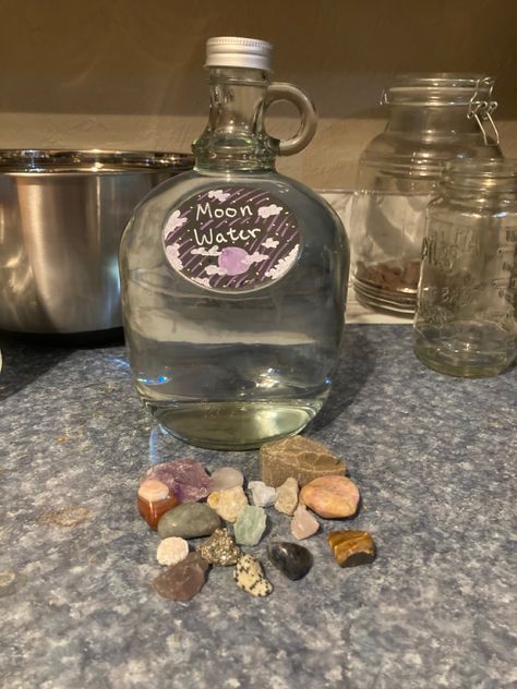 Just fancied up my moon water jar and getting ready to energize my crystals Moon Water Aesthetic, Moon Water Jar, Water Magick, All Moon Phases, Mtv Downtown, Water Jar, Moon Water, Water Aesthetic, Witchy Stuff