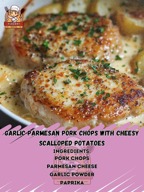 🧀🍖 Indulge in the ultimate comfort food with Garlic Parmesan Pork Chops and Cheesy Scalloped Potatoes—pure savory goodness! 🍽️✨ #ComfortFood #EasyDinners Garlic Parmesan Pork Chops with Cheesy Scalloped Potatoes Ingredients: Pork chops (4, bone-in or boneless) Parmesan cheese, grated (1/2 cup) Garlic powder (1 tsp) Paprika (1 tsp) Salt (1/2 tsp) Black pepper (1/2 tsp) Olive oil (2 tbsp) Yukon gold potatoes, thinly sliced (4 large) Heavy cream (1 1/2 cups) Cheddar cheese, shredded (1 cup) Fr... Garlic Parmesan Pork Chops, Scalloped Potatoes With Bacon, Cheesy Potato Bake, Creamy Scalloped Potatoes, Parmesan Crusted Pork Chops, Parmesan Pork Chops, Cheesy Scalloped Potatoes, Pork Chops And Potatoes, Seared Pork Chops