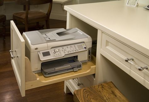 Keep your printer in the drawer with the side cut out. Easy access when need it and free up counter space Printer Storage, Computer Desk Design, Diy Computer Desk, Kitchen Desks, Modern Computer Desk, Office Nook, Desk Areas, Craft Room Office, Built In Desk