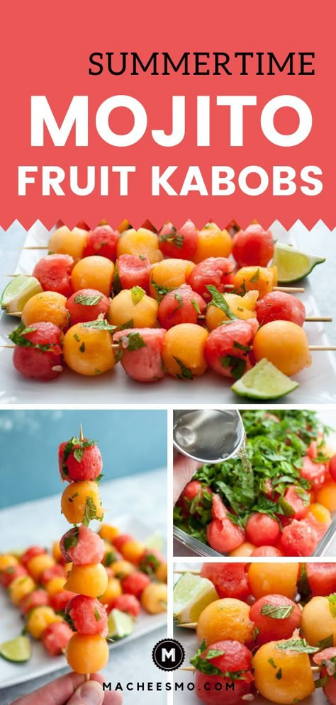 This is a unique twist on a classic summer cocktail! Soak your melon balls in a mixture of rum and lemon-lime soda for a refreshing summer treat (for adults only!) Also works with cubed watermelon and cantaloupe on a stick. A fun grown-up snack for hot summer days! #kabobs #fruit #rum #mojito #watermelon Kabobs Fruit, Summer Kabobs, Cubed Watermelon, Easy Mojito, Simple Strawberry Cake, Fruit Kabob, Melon Balls, Lite Recipes, Adult Snacks