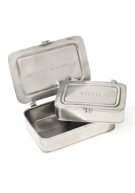 Simple, extremely useful and engraved with sweet sentiments, these pewter boxes store everything from his cuff links to her pearl stud earrings. Metal Tin Packaging, Tin Packaging, Paris Home, Liquid Dish Soap, Dishwasher Soap, Jewelry Safe, Perfect Stocking Stuffers, Keep Jewelry, Pearl Stud Earrings