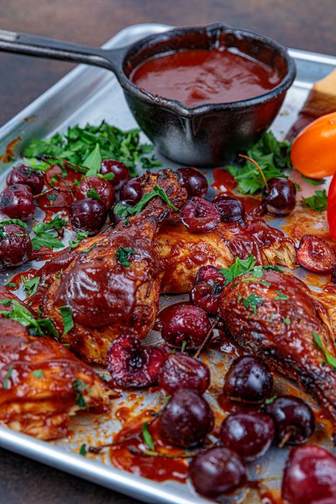 Cherry Recipes Savory, Savory Cherry Recipes, Chicken Receipe, Cherry Chicken, Meaty Meals, Cherry Salsa, Sour Cherries, Honey Bbq Sauce, Pellet Grill Recipes