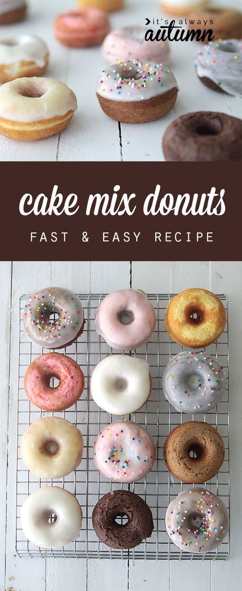 How to make mini donuts! {baked cake mix donuts recipe} - It's Always Autumn Baked Cake Mix Donut Recipe, Cake Mix Doughnuts, Cake Mix Donuts Recipe, Donat Glaze, Easy Bake Cake, Cake Mix Donuts, Mini Donuts Maker, Easy Donuts, Donut Maker