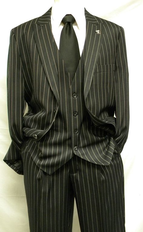 Stacy Adams Black Gangster Stripe Fashion Suit Mars 4017-000 IS Mens Pinstripe Pants Outfit, Old Fashioned Suits Men, Mafia Costume, 1920s Suit, Mens Pinstripe Suit, Black Gangster, Gangster Suit, Black Pinstripe Suit, Batman Costumes