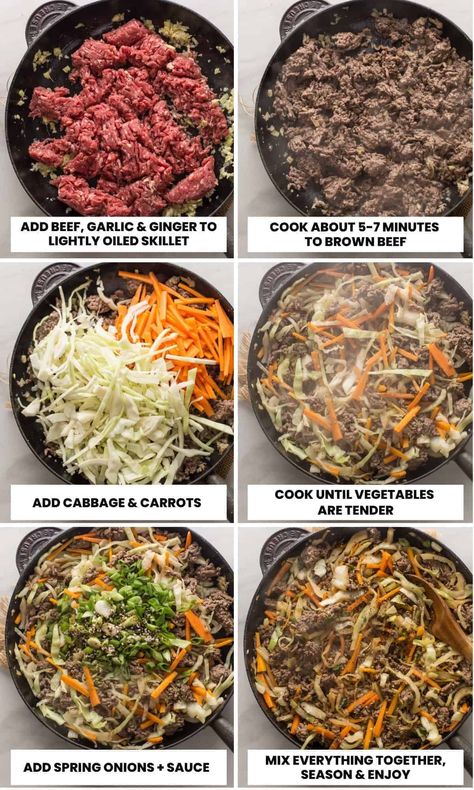 Pack in a few of your daily requirements of both veggies and protein with this simple and speedy Beef and Cabbage Stir Fry! Once all of the the vegetables are sliced, shredded and minced as needed this dish comes together quickly and easily in only one large skillet or pan making this a great, easy meal to enjoy on busy weeknights! | Low Carb + Dairy Free + Paleo Options Beef And Cabbage Stir Fry, Low Carb Dairy Free, Minced Beef Recipes, Ground Beef And Cabbage, Cabbage Stir Fry, Beef And Cabbage, Dairy Free Paleo, Easy Healthy Meal Prep, Low Carb Meals Easy