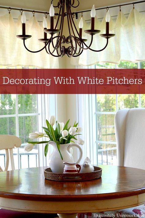 White pitchers are my favorite decor accessory. Whether you fill them with flowers are leave them on their own. Come see how I use them... Decorating With White, White Pitchers, Linen Valances, Pitcher Decor, White Pitcher, Simple Curtains, Decor Flowers, Budget Friendly Decor, White Bowls