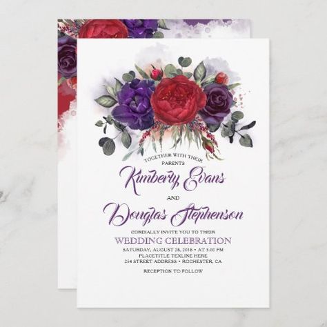 $2.77 | Eggplant Purple and Burgundy Floral Fall Wedding | Wedding Invitations | plum purple and burgundy wedding, eggplant and burgundy red colored, aubergine and gray wedding, rust fall unique eucalyptus greenery, vintage peony merlot summer watercolor, eggplant and crimson wedding flowers, bohemian royal floral spring garden, wine themed elegant autumn marsala, chic modern botanical ultra violet, cranberry rustic country summer roses Purple And Burgundy Wedding, Fall Engagement Party Invitations, Floral Fall Wedding, Crimson Wedding, Fall Birthday Invitations, Purple And Burgundy, 3d Templates, Grey Wedding Invitations, Burgundy Wedding Invitations