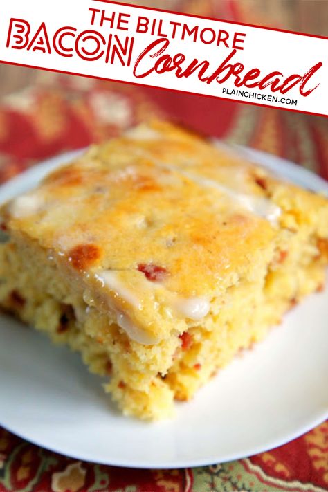 Bacon Cornbread Recipe - homemade sweet cornbread packed with fresh corn and bacon - recipe from The Biltmore in Asheville, NC. SO delicious! How could it not be with yummy bacon?!?! Ready in 30 minutes. Biltmore Recipes, Cornbread Ideas, Homemade Sweet Cornbread, Carolina Recipes, Bacon Cornbread, Bacon Corn, Cornbread Recipes, Skillet Cornbread, Jiffy Cornbread