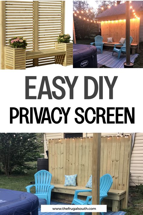 Easy DIY privacy screen pictured in various backyard settings with blue chairs, plants, and string lights. Diy Free Standing Privacy Screen, Diy Garden Screen, Outdoor Patio Ideas On A Budget Diy Privacy Screens, Privacy Screen Outdoor Diy Cheap, Diy Privacy Screen Outdoor Cheap, Diy Privacy Screen Outdoor, Renter Friendly Backyard Ideas, Outdoor Oasis On A Budget, Diy Outdoor Privacy Screen