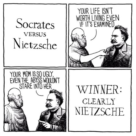 Socrates vs Nietzsche Quotes By Philosophers, Philosophy Funny, Philosophy Memes, Philosophy Theories, Academia Aesthetics, Literature Humor, History Jokes, Literature Quotes, Socrates