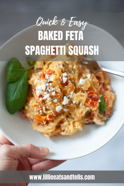 Try this easy, low-fat baked spaghetti squash dish. www.lillieeatsandtells.com Macro Friendly Tortellini, Feta Spaghetti Squash, Feta Spaghetti, Baked Feta Pasta, Italian Diet, Baked Spaghetti Squash, Baked Feta, Creamy Cauliflower, Feta Pasta