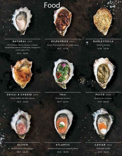 Charcuterie Shots, Oyster Bar Menu, Oyster Recipes, Presentation Ideas, Oyster Bar, Bar Menu, Gin Tonic, Seafood Restaurant, Seafood Dishes