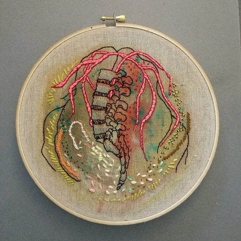 @muttermuseum said it's World Spine Day. Here's a little Spine piece I did that a Spine Dr. bought. Happy Spine Day. Take care of your… Health Medicine, Spine Health, Perle Cotton, Body Positive, Embroidery Floss, Body Positivity, Take Care Of Yourself, Cotton Yarn, Unique Art