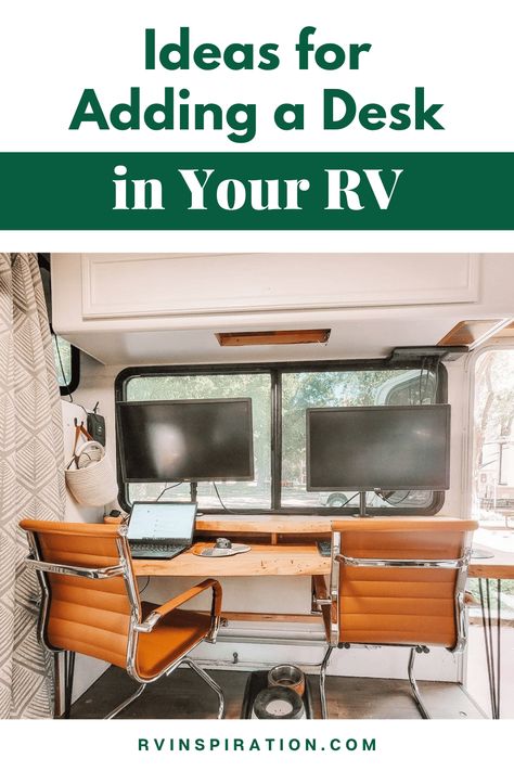 Rv Corner Desk, Rv Driver Area Remodel, Mini Rv Interior, Camper Home Office, Travel Trailer Office Ideas, Camper Van Workspace, Camper Workspace, Working Remote From Rv, Rv Vanity Ideas