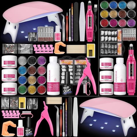 PRICES MAY VARY. Acrylic Nail Kit with Everything for Beginners: This acrylic nail kit for Beginner including 3 basic color acrylic powders and 12pc glitter powders, nail drill ,nail lamp, 200pc false nail tips, nail art Rhinestones, nail forms, nail glue, and other acrylic nail supplies. Professional acrylic nail kit with everything for your acrylic nail art design. Acrylic powders & 12Pcs Glitter Powders：3pcs basic acrylic powders for daily use, developed with a special blending formula, provi Acrylic Nail Kit For Beginners List, Nail Kits For Beginners, Acrylic Nail Kits, Nail Kit For Kids, Nails Kits, Professional Acrylic Nail Kit, Nail Design Kit, Acrylic Nail Supplies, Self Nail