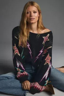 Pilcro Sparkle-Star Pullover Sweater | Anthropologie (US) Black And White Cardigans, Boho Blouses, Sleeveless Sweater, Premium Denim, Knitwear Women, Stardust, Pullover Sweater, Vneck Sweater, Pullover Styling