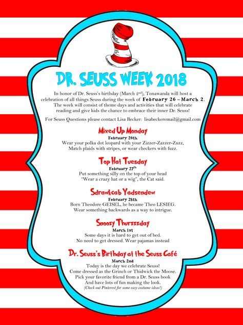 Dr. Seuss Week Dress Up Days (2018) Dr Suess Week Dress Up, Dr Suess Spirit Week Ideas, Read Across America Ideas For School Dress Up, Read Across America Dress Up Days, Dr Seuss Spirit Week Ideas, Dr Suess Day At School, Dr Seuss Dress Up Days, Dr Seuss Week Dress Up, Dr Seuss Dress Up Ideas