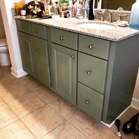 Double Vanity in Basil Milk Paint | General Finishes Design Center General Finishes Basil Milk Paint, Paint Sheen For Bathroom, Milk Paint Cabinets, Milk Paint Diy, Bathroom Paint Colors Behr, Bathroom Main, Dining Room Storage Cabinet, Moving Ideas, Painted Vanity Bathroom