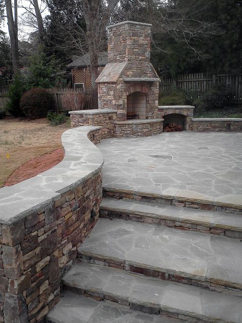 Outdoor Fireplace-Tennessee Fieldstone with Gray Flagstone by Hardscapes Inc. Backyard Hardscaping, Flagstone Fireplace, Tennessee Fieldstone, Zona Bbq, Outside Fireplace, Outdoor Fireplace Designs, Outdoor Fireplace Patio, Stone Patio, Backyard Fireplace