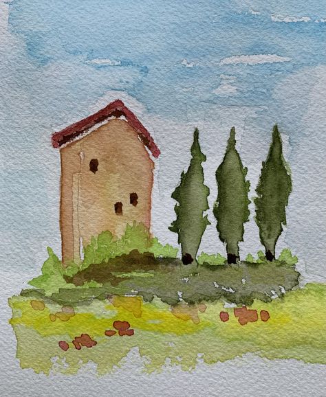 Super Easy Watercolor Paintings, Italy Watercolor Paintings, Mindfulness Drawing, Watercolor Buildings, Italy Watercolor, Italy Illustration, Landscape Painting Tutorial, Watercolour Landscape, Watercolor Paintings Easy