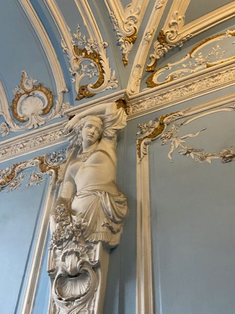 Blue Ballroom Aesthetic, Gold And Light Blue Aesthetic, Holy Aesthetic, Scad Dorm, Goddess Core, Ballroom Aesthetic, Rococo Aesthetic, Paneled Walls, Greek Blue