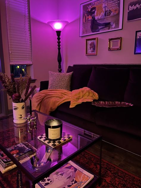 Girly Grunge Decor, Y2k Studio Apartment, Burlesque Living Room, Apartment Decorating Y2k, Cozy Dark Apartment Aesthetic, Cozy First Apartment, Whimsi Goth Room, Y2k Living Room Aesthetic, Edgy Living Room Decor