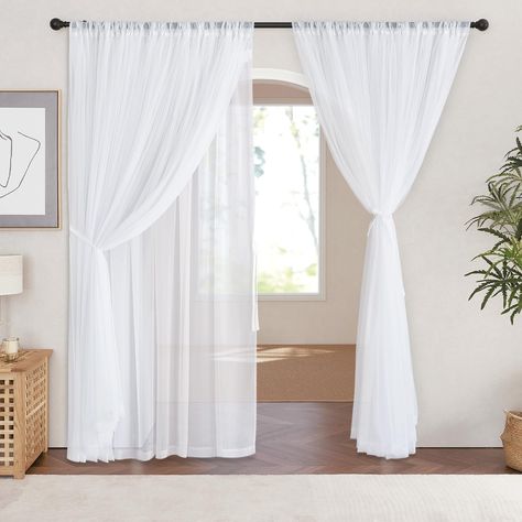 PRICES MAY VARY. READY MADE: 2 panels white sheer curtains per package. Each panel is 54" wide and 84" long. The inner layer is voile while the outer layer is mesh. Purchase curtains whose width is 1.5-2 times wider than your window will form a nice look. Perfect for 2 inches diameter curtain rod. UNIQUE DESIGN: Voile sheer inner curtains allows sunlight filtering, and mesh sheer outer curtains can adjust the light by tie-up way. Through open, half-open, tie-up or close the curtain, you can adju White Mesh Curtains, Girl Curtains, Mesh Texture, Living Room Light, Pocket Window, Layered Curtains, White Sheer Curtains, Princess Room, Drape Panel