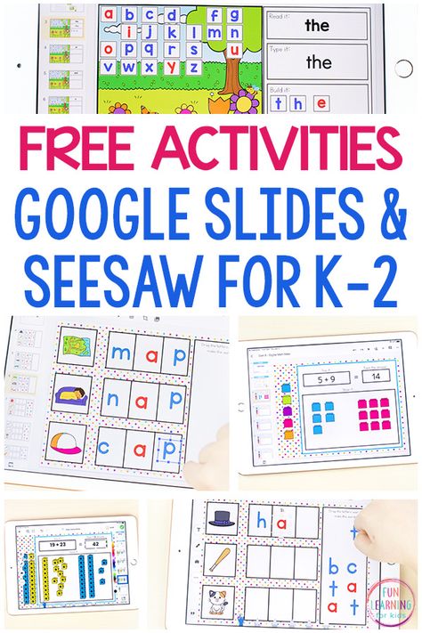 Free Seesaw and Google Slides activities for kindergarten, first grade, and second grade. These interactive activities can be added to Google Slides or Seesaw for lots of fun and learning! Digital Learning Classroom, Activities For Students, Activities For Kindergarten, Blond Amsterdam, Virtual School, Ten Frames, Classroom Technology, Digital Classroom, Free Activities