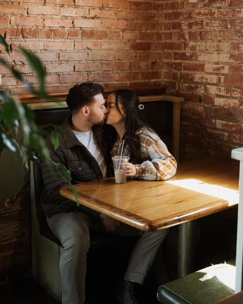 When the shoot inspo is coffee shop date ☕️ #coffeeshopphotos #couplesphotos #slcphotographer Summer Couple Pictures, Bar Engagement Photos, Coffee Shop Date, Spring Engagement Pictures, City Engagement Pictures, Casual Engagement Photos, Winter Engagement Pictures, Urban Engagement, Couple Engagement Pictures