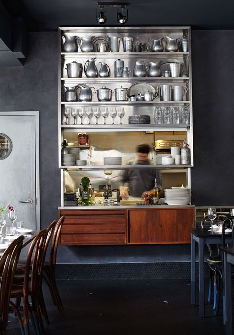 Open Restaurant Design, Harlem Restaurants, Stainless Steel Kitchen Shelves, Kitchen Pass, Bar Restaurant Design, Cafe Inspiration, Architecture Restaurant, Open Restaurant, Aluminum Shelves