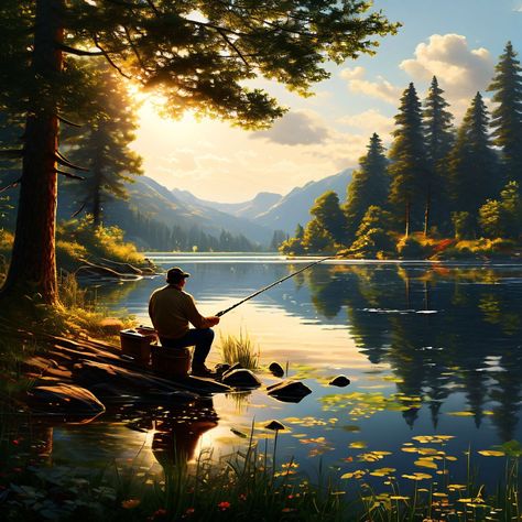 Playground AI - free-to-use online AI image creator Man Fishing Painting, Fishing Background, Fly Fishing Art, 2024 Poster, Fishing Art, Fish Artwork, River Painting, Fishing Pictures, Lake Painting