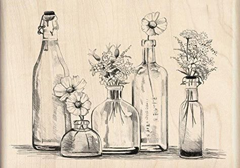 Bottle Drawing, Wood Stamp, Vintage Bottles, Flower Stamp, Ink Stamps, Stamp Crafts, Rubber Stamp, Rubber Stamps, Vintage Flowers