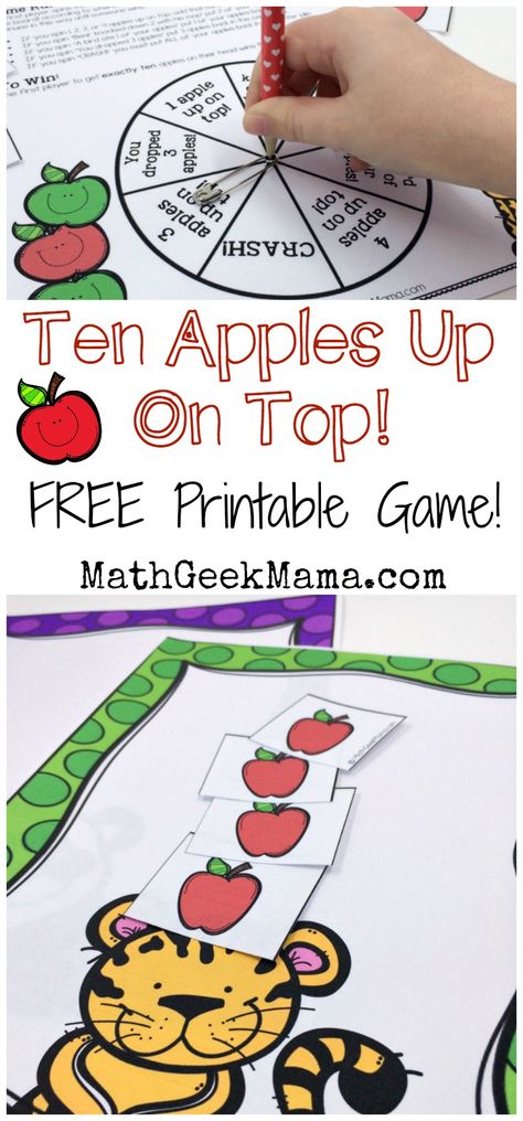 This super cute printable math game is perfect to play with the book, "Ten Apples Up On Top!" Kids can practice counting and adding and subtracting to 10! Plus, it's a great way to combine math and reading! Ten Apples Up On Top, Printable Math Games, Apple Math, Free Math Games, Math Night, Apple Preschool, Math Geek, Apple Activities, Prek Math