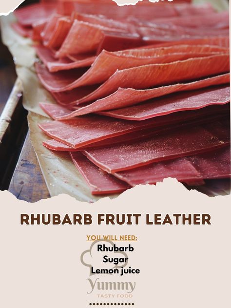 🌱 Snack healthier with our homemade Rhubarb Fruit Leather! #SnackSmart Rhubarb Fruit Leather Ingredients: Rhubarb, chopped Sugar Lemon juice Instructions: Cook rhubarb with sugar and lemon until soft. Puree and spread on a lined baking sheet. Dry in the oven at low heat. 🌿🍓 Transform your snack time with this tangy, sweet treat. It's fun and easy to make! Use #FruitLeatherFun for your posts! Fruit Leather, Snack Time, Sweet Treat, Baking Sheet, Rhubarb, Yummy Recipes, The Oven, Lemon Juice, Healthy Snacks