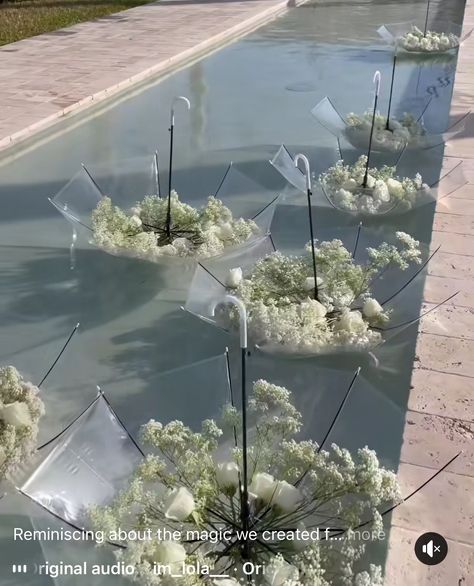 Floating Pool Flowers, Poolside Wedding Reception, Floating Pool Decorations, Pool Wedding Decorations, Pool Wedding, Wedding Stage Design, Wedding Planning Decor, Umbrella Wedding, Wedding Backdrop Decorations