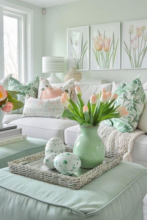 Easter Living Room Decor, Pastel Living Room Ideas, Mint Furniture, Pastel Home Decor, Pastel Room, Whimsical Wonderland, Decor Themes, Chic Living Room, Living Room Green