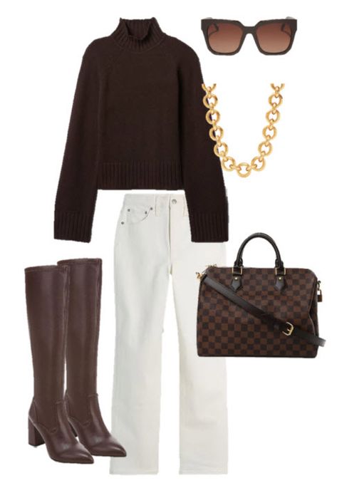 Chocolate brown sweater white jeans brown boots louis vuitton speedy bandouliere 30 damier ebene Brown Turtleneck Sweater Outfit, Chocolate Brown Sweater Outfit, Dark Brown Sweater Outfit, Damier Ebene Outfit, Brown Turtleneck Outfit, Speedy Damier Ebene, Brown Outfit Ideas, Chocolate Brown Sweater, Turtleneck Sweater Outfit