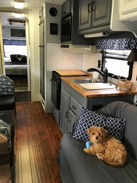 Motorhome Remodel ~ Part 7 (Wrap-Up & Before/Afters) Class A Rv Remodel, Ikea Butcher Block, Motorhome Remodel, Bronze Spray Paint, Arrow Fabric, Dog Seat Belt, Wood Adhesive, Class A Rv, Dinette Tables