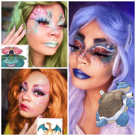 Makeup inspired by Pokemon starter evolutions Charizard Makeup, Pokemon Starter Evolutions, Pikachu Makeup, Pokemon Makeup, Pokemon Starter, Pokemon Series, Pokemon Team Rocket, Pokemon Starters, Makeup Inspired