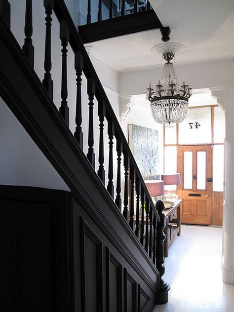 Almost Feng Shui! Too much! Have a look at more good ideas http://getacrylicphotoframes.co.uk/store Black Stair Railing, Black Staircase, Victorian Hallway, Stair Spindles, Black Stairs, Painted Staircases, White Stairs, Painted Stairs, Fancy Houses