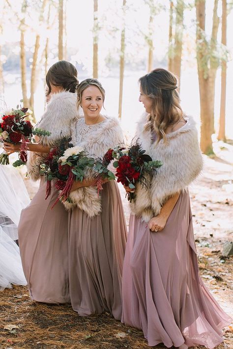 Dresses With Fur, New England In The Fall, England In The Fall, Winter Wedding Bridesmaids, Cozy Lodge, Blush Pink Bridesmaids, Winter Bridesmaids, Neutral Bridesmaid Dresses, Winter Bridesmaid Dresses